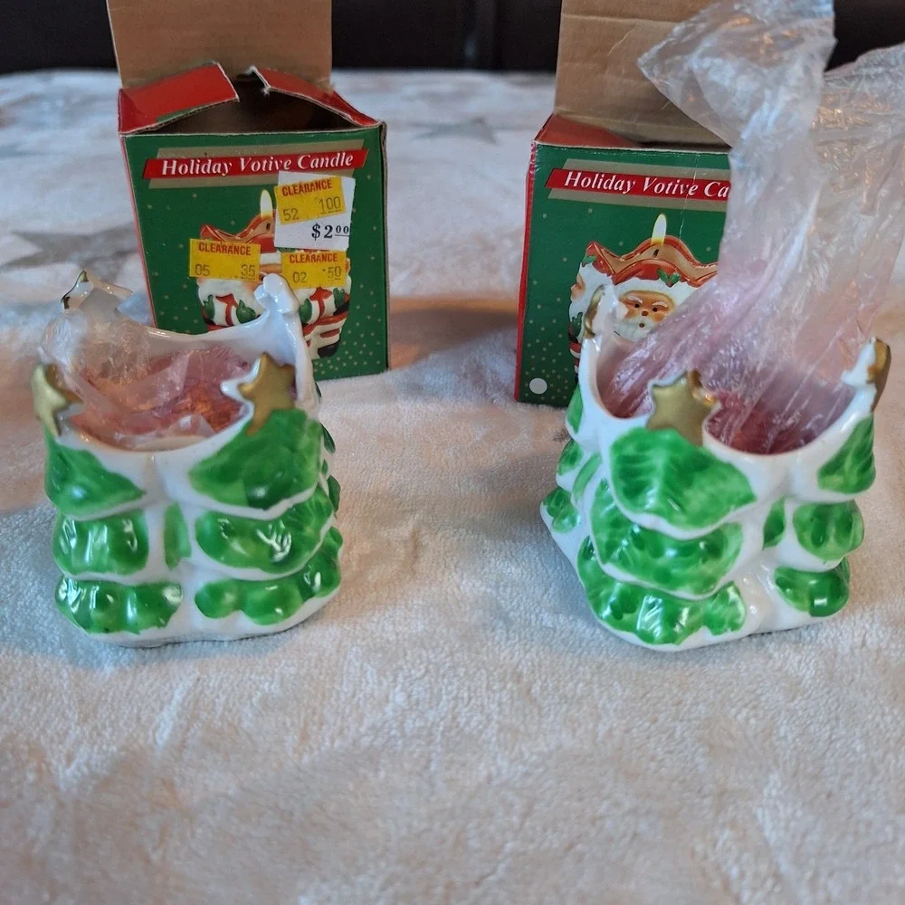 1989 New Holiday Votive Candle Set of 2 Porcelain Green Christmas Trees W/Candle